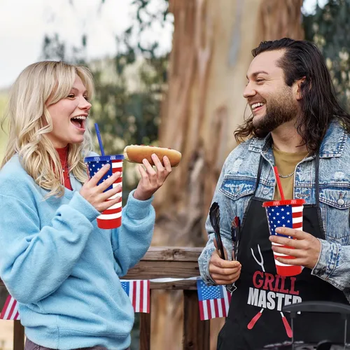 Vista 5 de JarThenaAMCS 12 piezas de vasos de plástico patrióticos con tapa con pajita 4 de julio, vaso para bebidas frías con bandera americana roja, azul