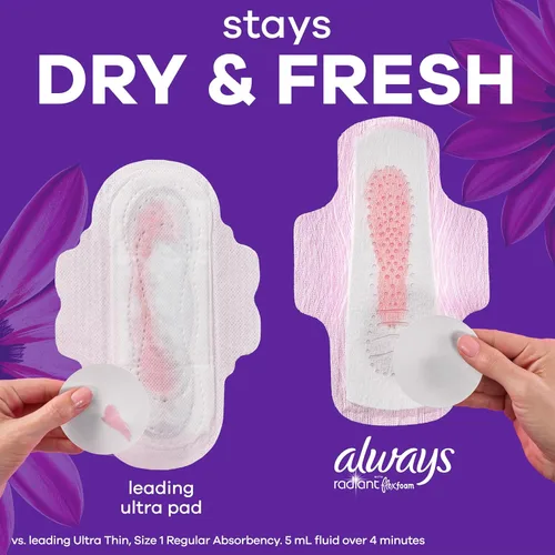 Vista 8 de Always Radiant Toallas Femeninas para Mujeres, Toallas Flexfoam con Alas, Tamaño 5, Absorción Extra Fuerte para la Noche, Ligeramente Perfumadas, 26