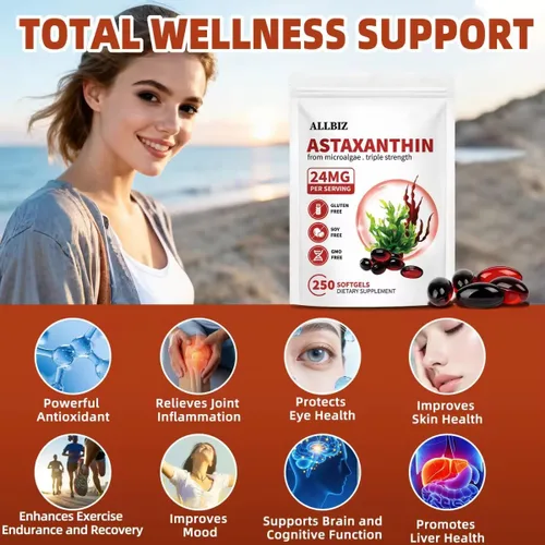 Vista 4 de ALLBIZ Astaxantina 24 mg 250 cápsulas blandas Suministro para 250 días Suplemento antioxidante premium que apoya la salud de los ojos