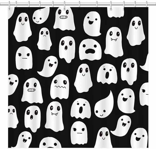 Vista 8 de Cortina de ducha fantasma de Halloween de 72 x 72 pulgadas, espeluznante y divertida, iconos de fantasmas de dibujos animados, tela blanca y negra, 1