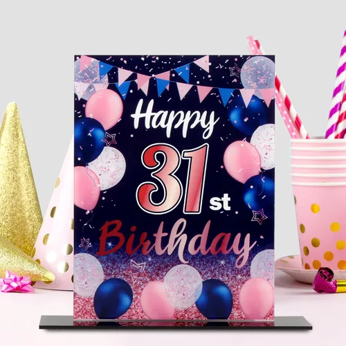 Vista 169 de LINGTEER Decoraciones de feliz cumpleaños número 11, 2 piezas de soporte de acrílico con impresión de pie rosa y azul, tablero de telón de fondo