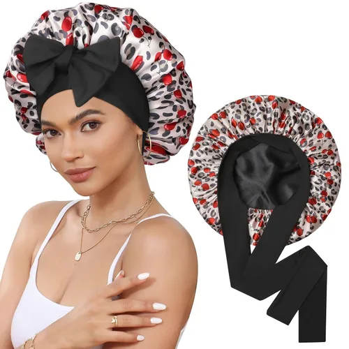 Vista 15 de Gorro de satén de seda para dormir, gorro de seda de doble capa con banda elástica para cabello rizado