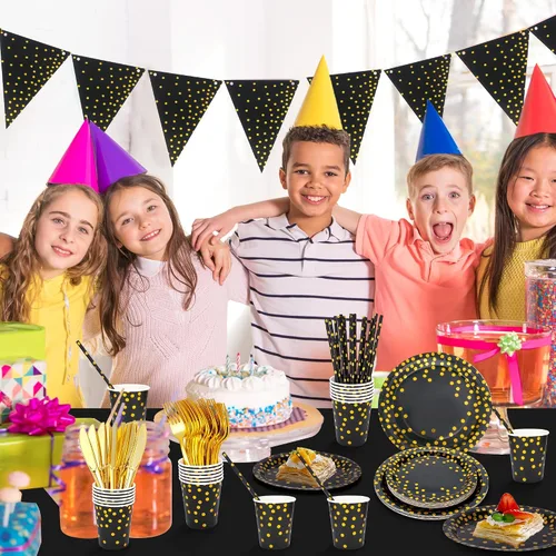 Vista 7 de Sylken Juego de vajilla de fiesta de 186 piezas en negro y dorado - 25 invitados, platos de papel, servilletas, vasos de papel y vajilla