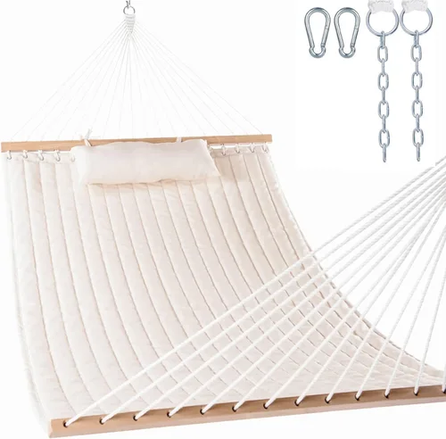 Vista 14 de Lazy Daze Hammocks Hamaca de tela acolchada doble de 12 pies con barra separadora y almohada desmontable, hamaca para 2 personas para exteriores