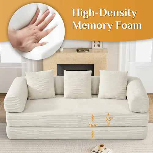 Vista 5 de DAMAIFROM - Sofá cama convertible sin huesos, color beige y blanco 80" Corduroy Modular Compressed Futon Sofa Bed, Pull-Out Cloud Loveseat with