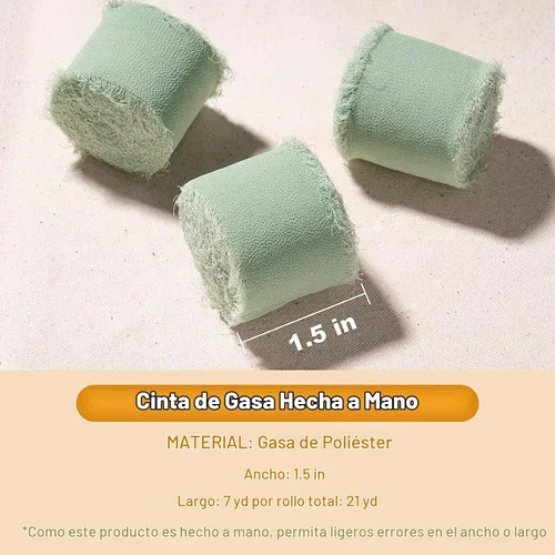 Vista 3 de Cinta de gasa, 3 rollos de cinta de seda hecha a mano verde salvia de 21