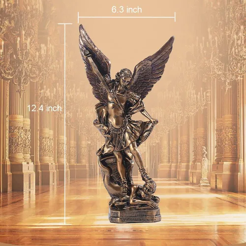 Vista 3 de Estatua de San Miguel Arcángel de 31.8 cm de alto, santo arcángel Miguel derrotó al dragón malvado, escultura de ángel de batalla religiosa