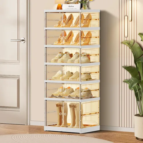Vista 9 de CIMLORD Zapatero plegable de 3 niveles para armario y entrada, 3 a 6 pares, organizador de cajas de almacenamiento de zapatos transparentes