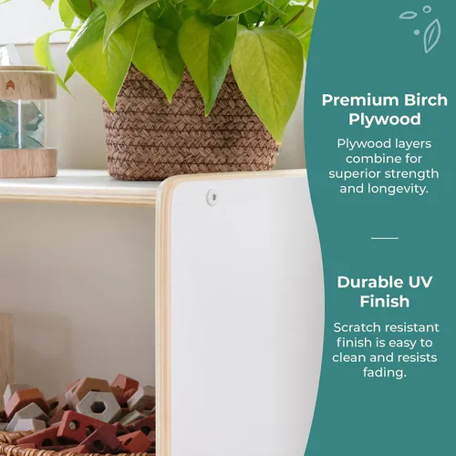Vista 5 de Guidecraft EdQ - Almacenamiento de 5 compartimentos de 24 pulgadas, color blanco con 3 contenedores de tela: estantería multiusos de madera