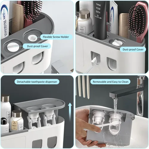Vista 5 de Soporte para cepillos de dientes montado en la pared con 2 dispensadores automáticos de pasta de dientes, soportes para cepillos de dientes