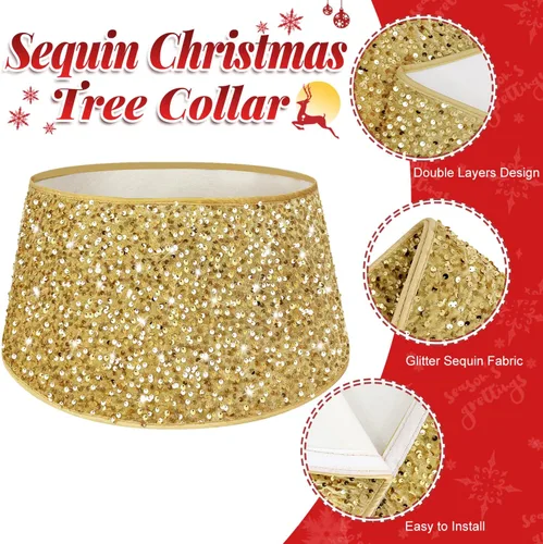 Vista 3 de FOTSHARER Collar dorado para árbol de Navidad de 23.6 pulgadas, falda de árbol de Navidad con lentejuelas, anillo de árbol con purpurina para otoño
