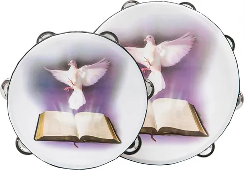 Vista 6 de Musfunny Pandereta de Cascabeles Dove Bible de Doble Fila de 8 Pulgadas para Adultos, Pandereta de Campana de Mano Tambor de Palmadas para Oración
