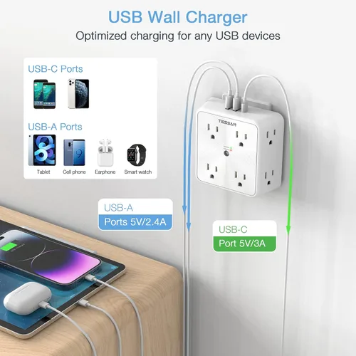 Vista 4 de Protector de sobretensiones Extensor de 8 salidas, TESSAN Divisor de múltiples enchufes con 3 cargadores de pared USB (1 USB C), tira