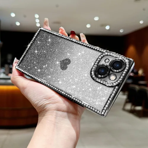 Vista 4 de Funda para iPhone 13, funda de diamantes de imitación de lujo con patrón de corazón de amor de cristal [papel con purpurina extraíble], parachoques