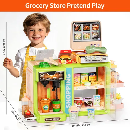 Vista 7 de Pupu Pig Play Food Store Juguetes para niños, tienda de comestibles de juego de simulación con caja registradora para niños con pedido de voz