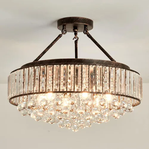 Vista 11 de YYJLX Lámpara de araña de cristal redonda grande moderna de 6 luces, cromada, de montaje semiempotrado, lámpara de techo E26 para comedor, sala