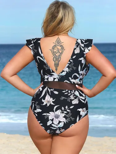 Vista 2 de CUPSHE Traje de baño de una pieza para mujer, talla grande, cuello en V, con volantes y malla