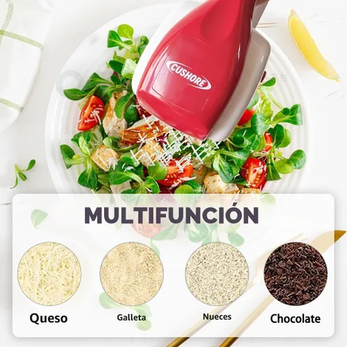 Vista 3 de Cushore Rallador eléctrico de queso duro, modelo CES03D, rojo, acero inoxidable, automático, inalámbrico, 3 cuchillas intercambiables, fácil