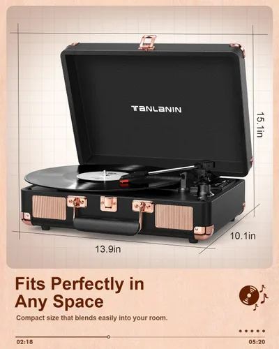 Vista 7 de Retro Suitcase - Tocadiscos de vinilo con grabación USB, Bluetooth negro rosa dorado