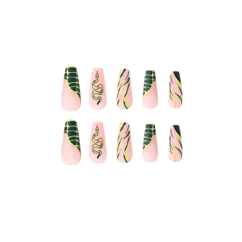 Vista 3 de Foccna Uñas postizas largas verdes con forma de ataúd a presión en serpiente, uñas postizas francesas brillantes para uso diario, uñas artificiales