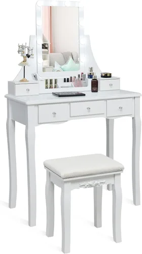 Vista 10 de LDAILY Juego de mesa de tocador con 10 luces LED, tocador de maquillaje con espejo cuadrado iluminado giratorio de 360°, taburete acolchado y 5