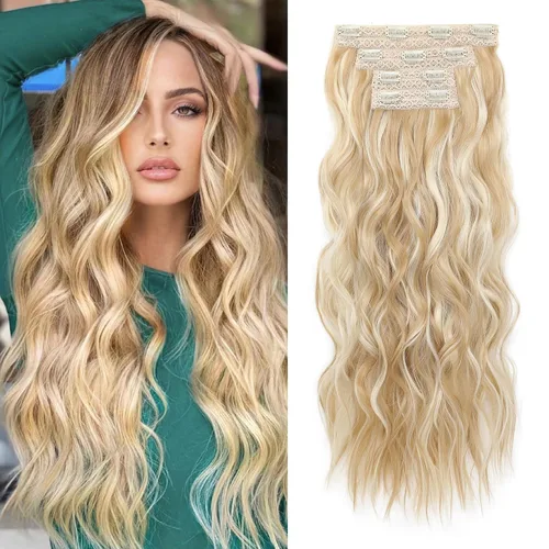 Vista 22 de REECHO Extensiones de cabello con pinza, 4 piezas de extensiones de cabello rubio de 24" de largo, ondas de playa gruesas, HE003, trama de encaje