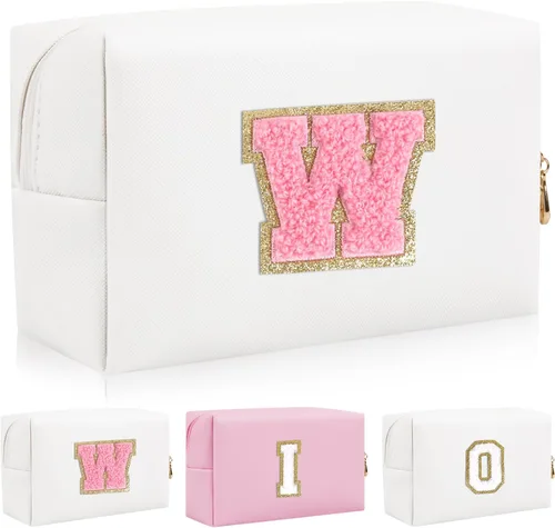 Vista 40 de Bolsa de maquillaje con parche de letra inicial personalizada, bolsa de cosméticos de chenilla preppy con letra de chenilla con cremallera, Y