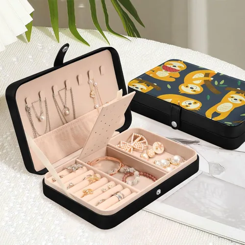 Vista 6 de Emelivor Joyero de viaje de piel sintética con diseño de perezosos divertidos, organizador de viaje, pequeño joyero para anillos, regalos, pulseras