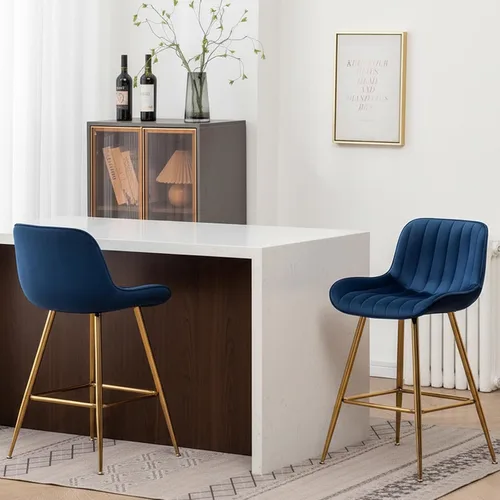 Vista 8 de Sidanli Blue - Juego de 2 taburetes de bar de terciopelo de 24 pulgadas con reposapiés, sillas de bar modernas para el hogar, isla de cocina, comedor