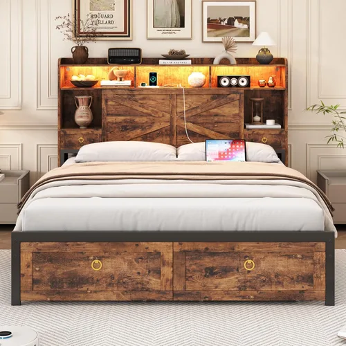 Vista 8 de TIGUBFRE - Base de cama individual con cabecera de almacenamiento, base de cama de madera estilo granja tamaño individual con 3 cajones, luz LED