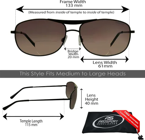 Vista 2 de proSPORT Gafas de sol bifocales de aviador +1.50 montura negra de bronce con lente ahumada bifocales para hombres y mujeres