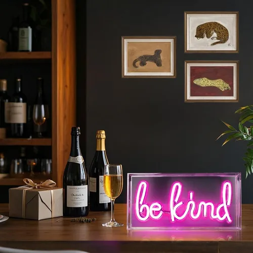 Vista 7 de Señal de Neón "Be Kind", Caja de Luz de Escritorio "Be Kind" de USB LED con Interruptor de ENCENDIDO/APAGADO, Letrero de Neón 3D Iluminado
