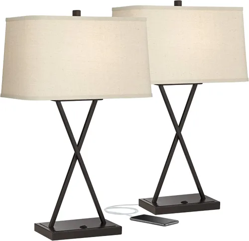 Vista 2 de Franklin Iron Works Megan - Juego de 2 lámparas de mesa modernas de 26.5 pulgadas de alto, con puerto de carga USB, LED, bronce, rectangular