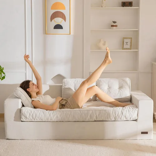 Vista 9 de MAXYOYO Sofá de 3 Plazas sin Estructura, Sofá Moderno Acolchado para Sala de Estar, Sillón Suave Tipo Puf de Espuma de Alta Densidad con Almohadas