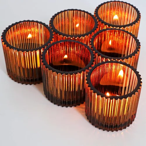 Vista 9 de VOHO Portavelas votivas para velas de boda, juego de 6 portavelas de vidrio ámbar, candelabros a granel para decoración de bodas, centro de mesa