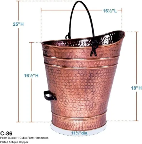 Vista 4 de Cubo grande de cobre para pellets de metal, carbón, chimenea, cenizas, con mango de hierro forjado, acabado antiguo, contenedor rústico duradero