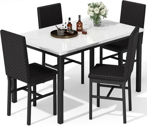 Vista 10 de Hooseng Juego de mesa de comedor para 4 mesas de comedor de 5 piezas de mármol sintético con 4 modernas sillas tapizadas de terciopelo para espacios