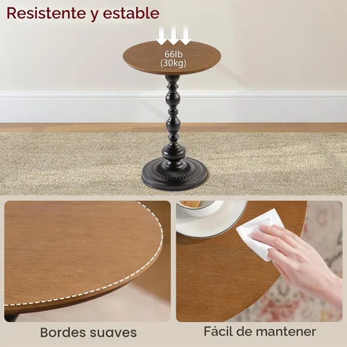 Vista 5 de Framhose - Mesa auxiliar redonda, mesa auxiliar pequeña con parte superior de madera y base negra, mesa de pedestal para sala de estar, esquinas
