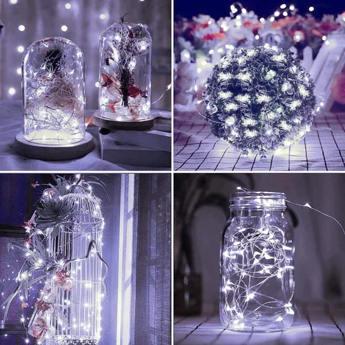 Vista 4 de Paquete de 2 cadenas de luces LED de 200 unidades, 66 pies, con cable de cobre, alimentadas por energía solar, impermeables, 8 modos, luces de hadas