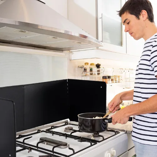 Vista 7 de Protector contra salpicaduras negro grande de 4 lados para freír en la estufa, protector contra salpicaduras de aceite para cocinar en la estufa