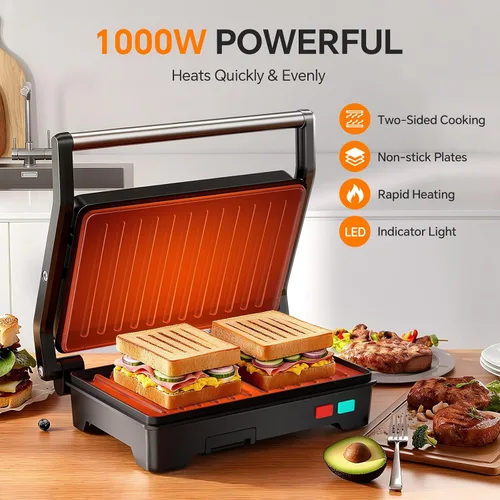 Vista 2 de Panini - Parrilla de prensa, sandwichera de 1000 W con placas revestidas antiadherentes, abre 180 grados para cualquier tamaño de alimentos