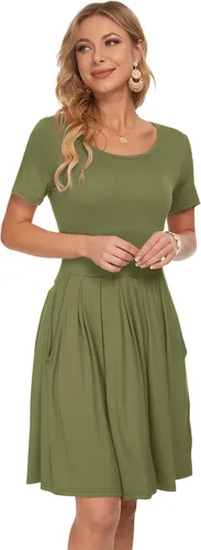 Vista 5 de AUSELILY - Minivestido de manga corta para mujer, plisado, con volantes, acampanado, con botón