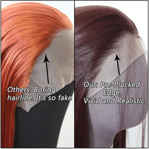 Vista 4 de 99J Peluca larga y lisa 99J color borgoña sintética con encaje frontal, predesfilada con línea de cabello natural para mujeres de moda, cabello