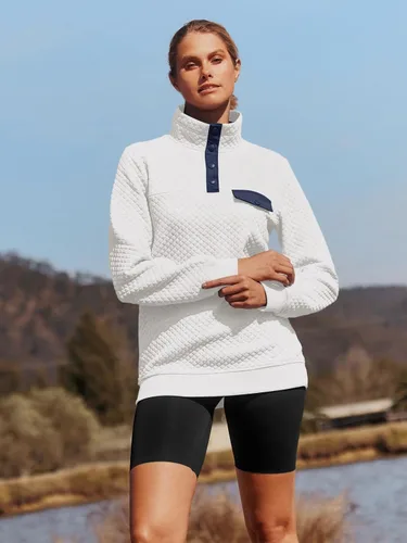 Vista 3 de MEROKEETY sudadera de manga larga con cuello en V y botones acolchados con retazos para mujer.