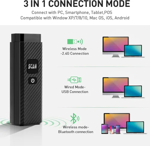 Vista 2 de Escáner de código de barras inalámbrico, portátil 1D 2D PDF417, compatible con USB, Bluetooth y conexión inalámbrica, lector de código de barras