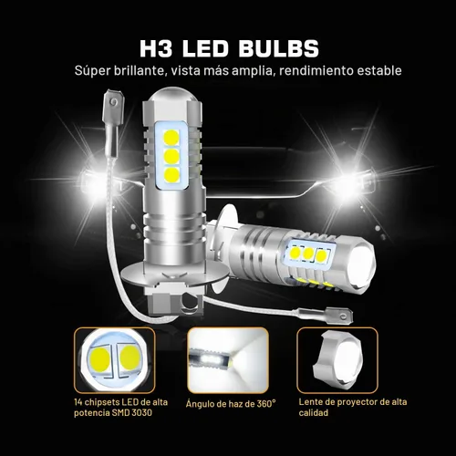Vista 4 de Bombillas LED antiniebla H3 de 6000 K, xenón blanco, extremadamente brillantes, 3030 chips H3, bombillas LED con proyector para luces antiniebla