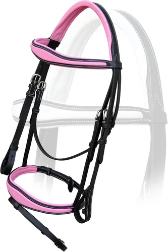 Vista 2 de Exion - Brida inglesa rosa con banda anatómica y flash desmontable, brida de salto de cuero, corona ergonómica para alivio de presión, riñas de goma