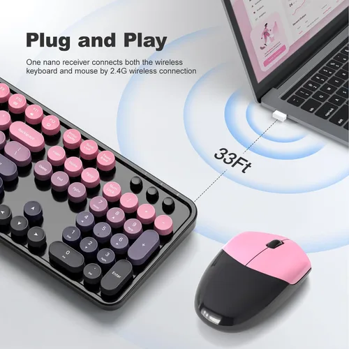 Vista 2 de Dilter Combo de teclado y mouse inalámbricos, teclado retro con teclas redondas, ergonómico de tamaño completo, ideal para PC con Windows, hogar