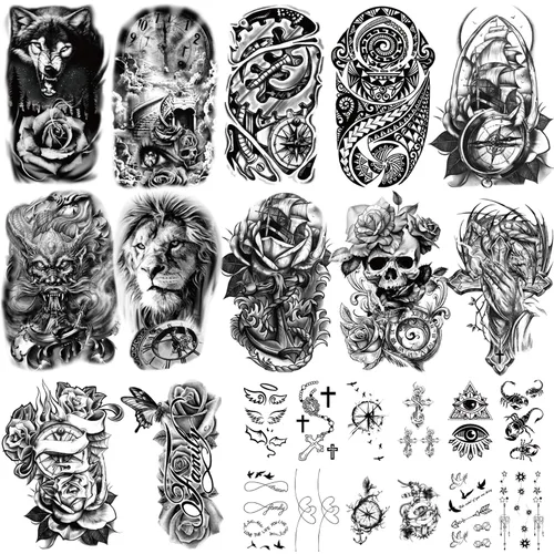 Vista 12 de 77 hojas de tatuajes temporales realistas en 3D para adultos y niños, calavera de araña, tigre, león, dragón, serpiente, tatuajes temporales