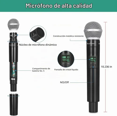 Vista 7 de Sistema de Micrófono Inalámbrico, Micrófono Profesional UHF de 4 Canales, Empareja Automáticamente Micrófono Inalámbrico de Metal con 4 Micrófonos